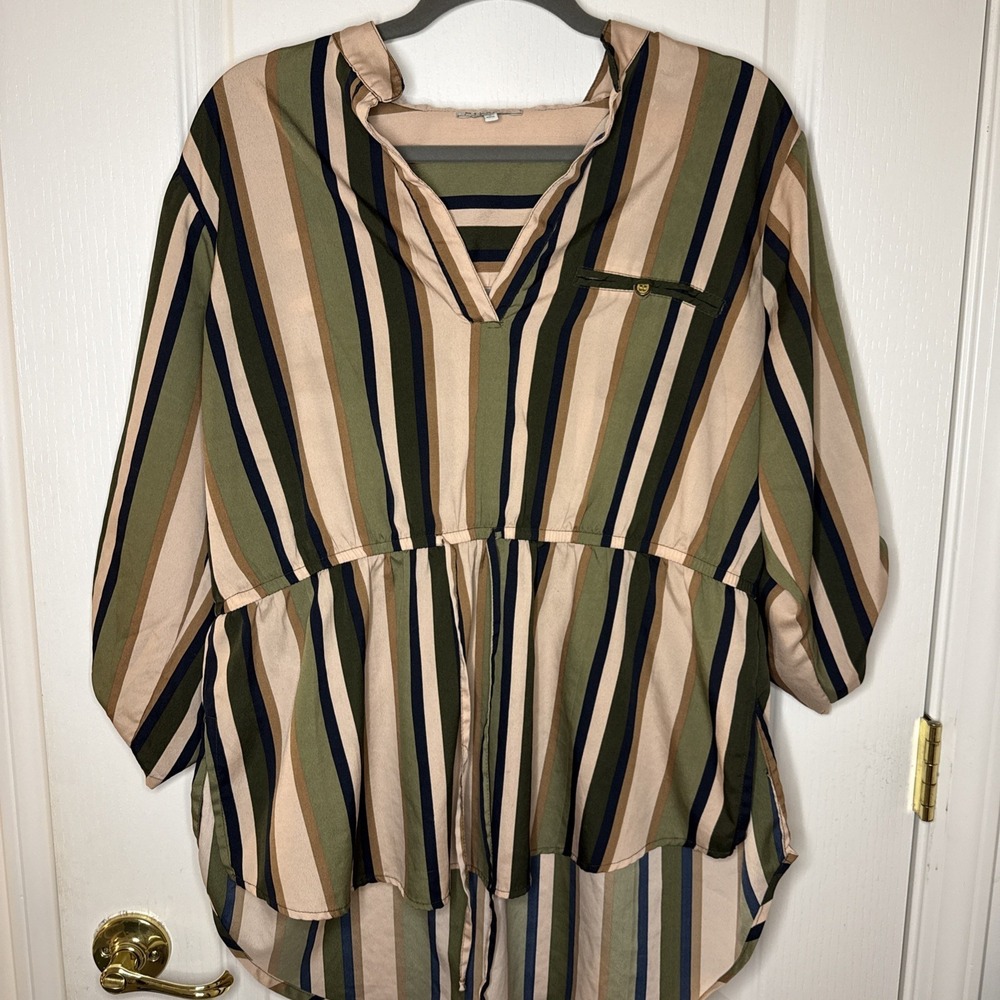 Mileage Womens 1X Striped Shirt Olive Green Navy Tan Long Sleeve Boho